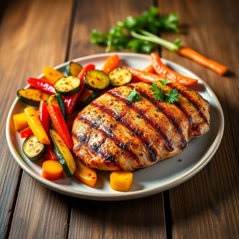 Frango grelhado com legumes assados em prato branco
